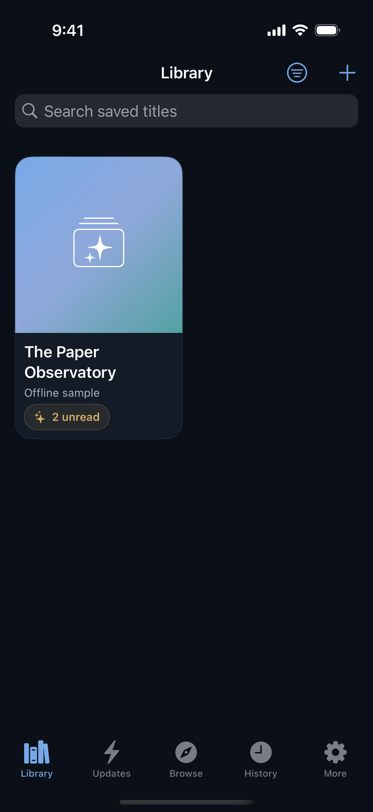 Yomiria Library with the fictional title The Paper Observatory and two unread chapters