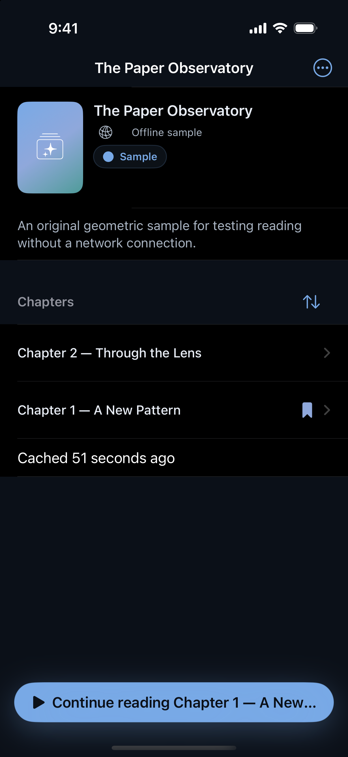 The Paper Observatory title page with two original sample chapters and a Continue reading button